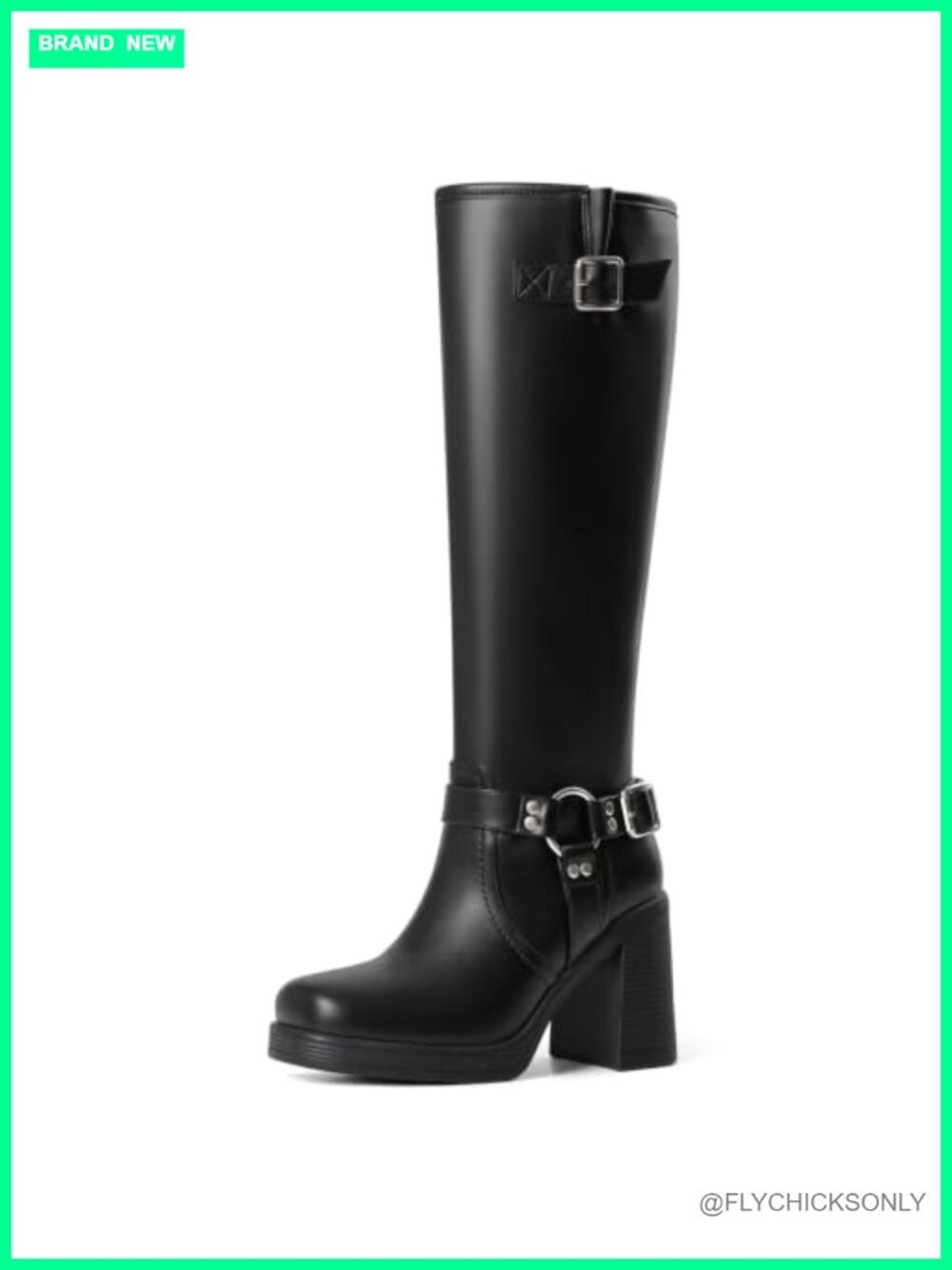 Knee High Boots Women Square Toe Chunky Heel Leather Side Zipper